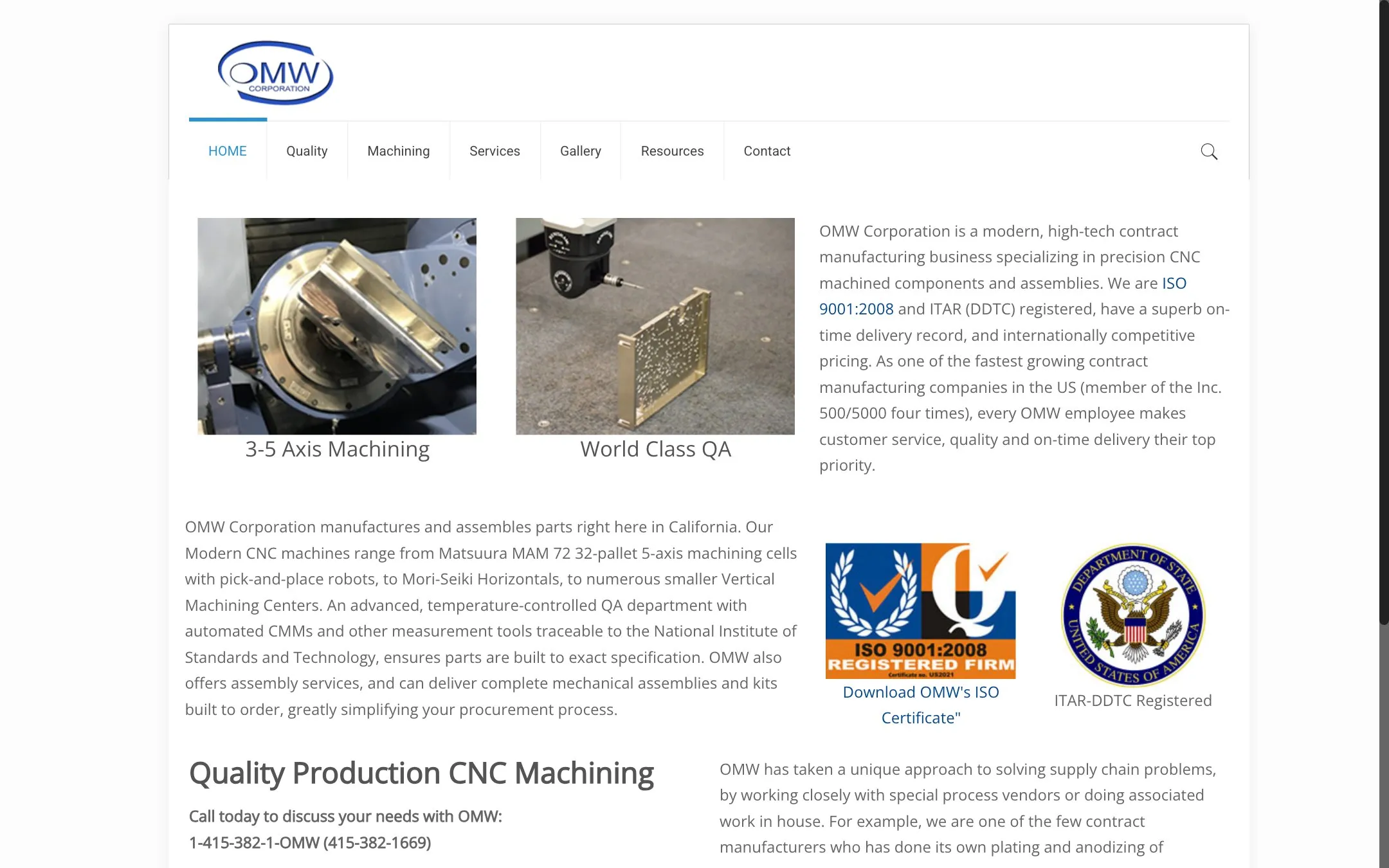 Homepage design for OMW Precision Machining