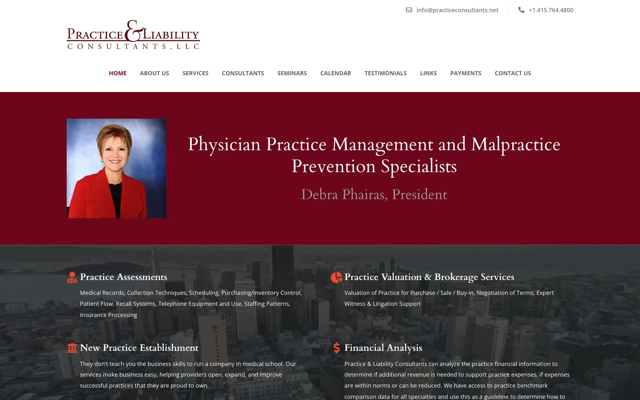Desktop homepage design for Practice & Liability Consultants