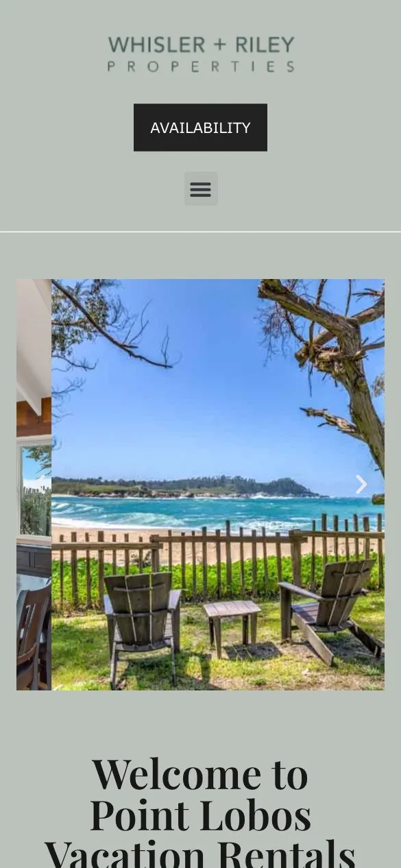 Mobile homepage design for Point Lobos Vacation Rentals