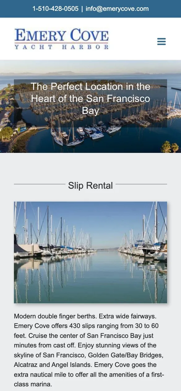 Mobile homepage design for Emery Cove Yacht Harbor