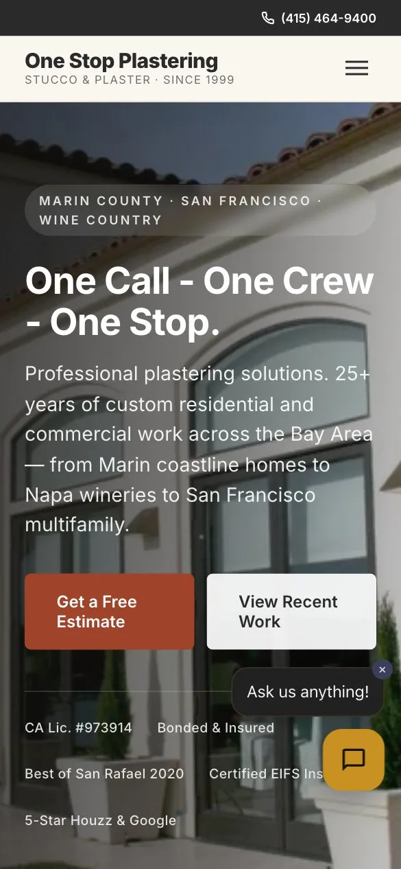 Mobile homepage design for One Stop Plastering