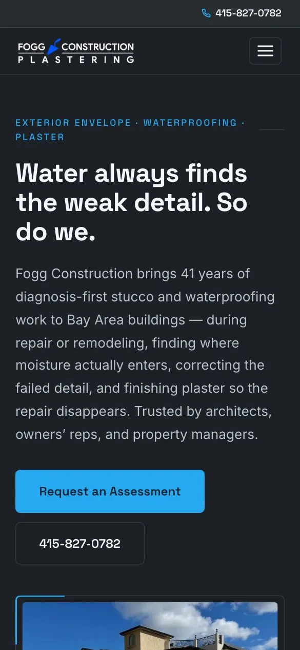 Mobile homepage design for Fogg Construction