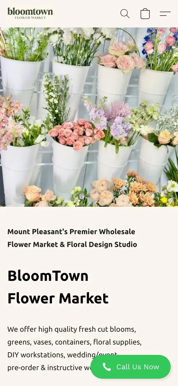 Mobile homepage design for BloomTown Flower Market