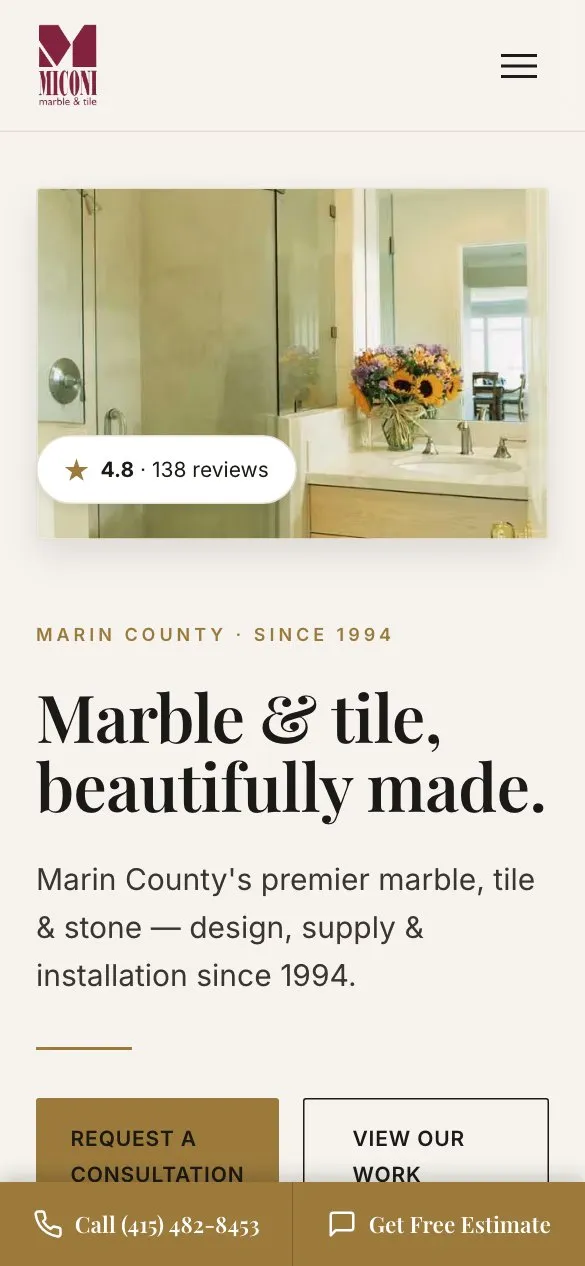 Mobile homepage design for Miconi Marble & Tile