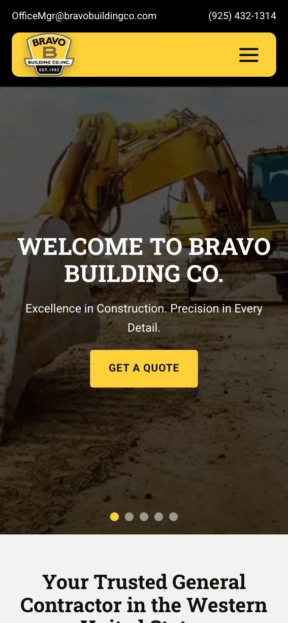 Mobile homepage design for Bravo Building Co